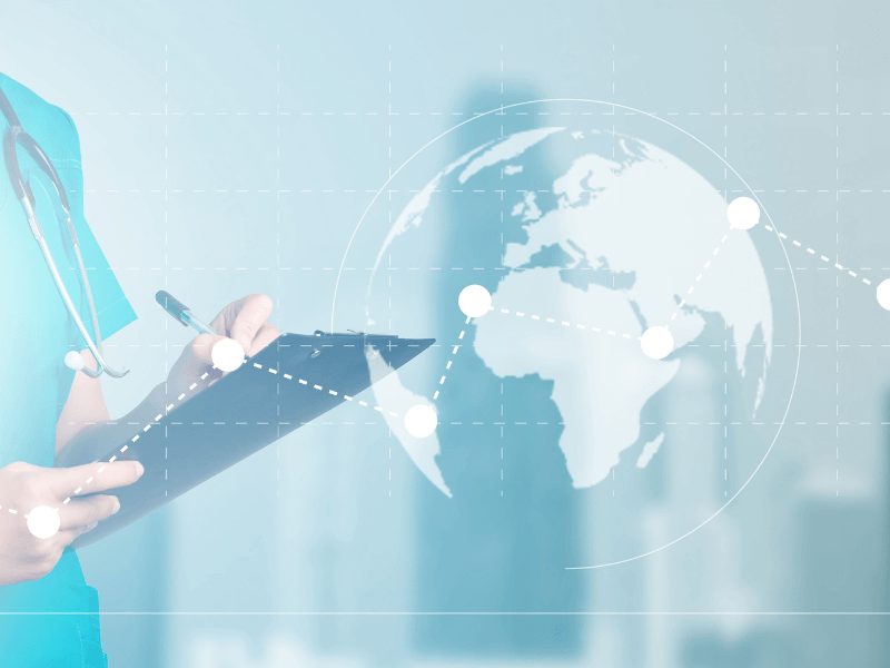 blurred world map and a medical staff